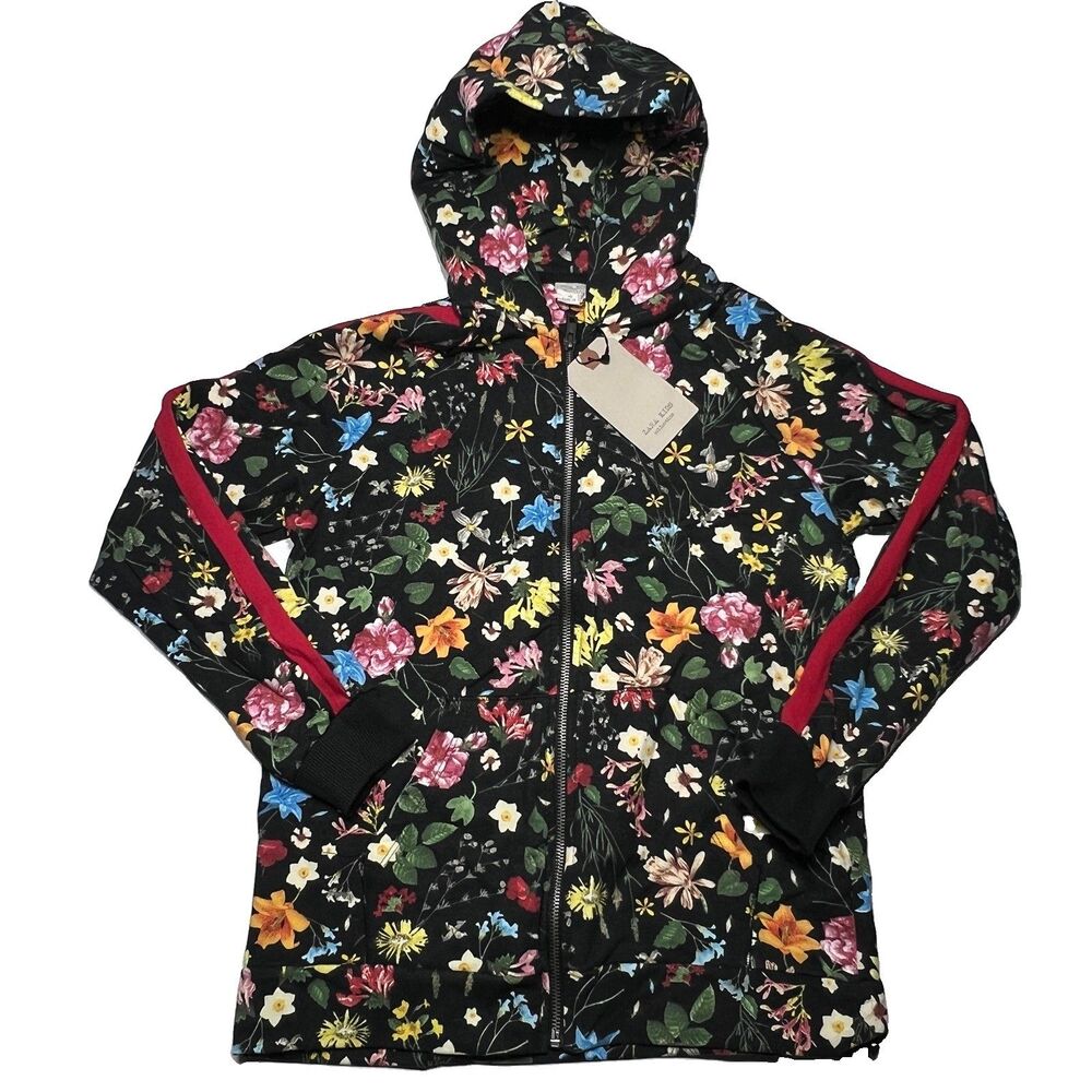 Zara Girls Black Floral Hooded zip up Jacket red stripe Size 11/12